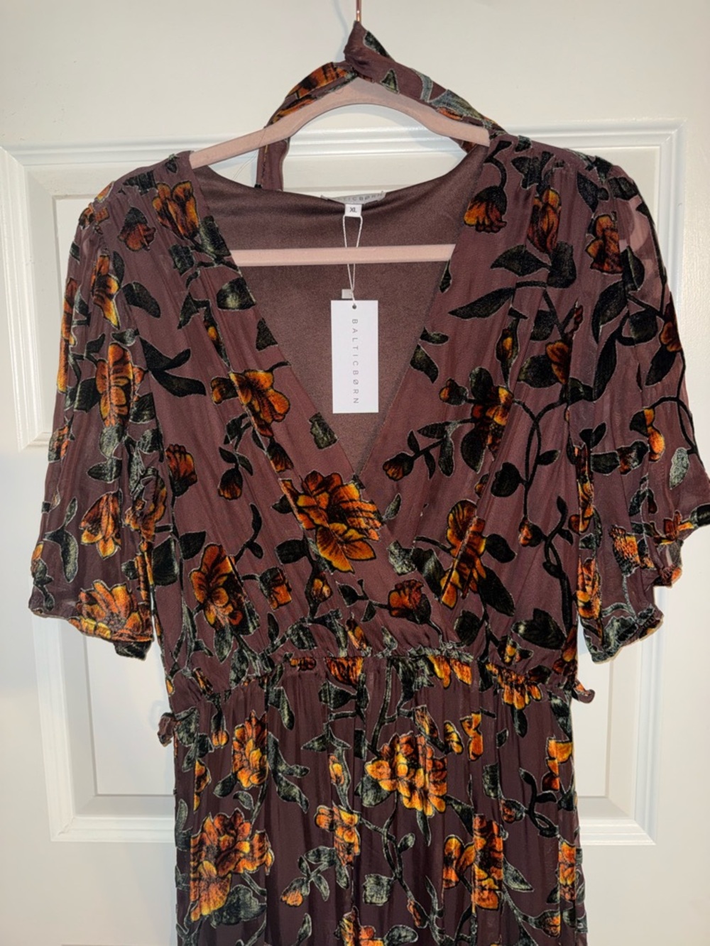 Baltic Born Brown Floral V-Neck Midi Dress with Orange Blooms
